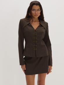 MUSEYN Brown Woven Cinched Shoulder Pad Knot Fasten Wide Collar Blazer Classy Date Night Chic Evening Fall - Coffee Brown - View 2