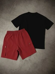 Manfinity Homme Men's Summer Casual Contrast Color Pocket T-Shirt And Cargo Shorts Set - Multicolor - View 2