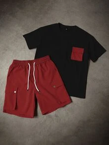 Manfinity Homme Men's Summer Casual Contrast Color Pocket T-Shirt And Cargo Shorts Set - Multicolor - View 5