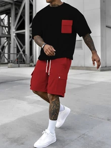 Manfinity Homme Men's Summer Casual Contrast Color Pocket T-Shirt And Cargo Shorts Set - Multicolor - View 1