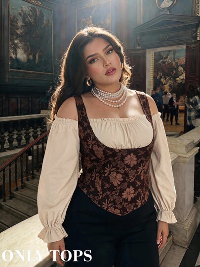 SHEIN MOD Plus Size Brown Floral Vintage Elegant Pastoral Style Cold Shoulder Ruffle Trim Fitted Blouse, Summer Tea Party French Bohemian Style Floral Jacquard Y2K Top