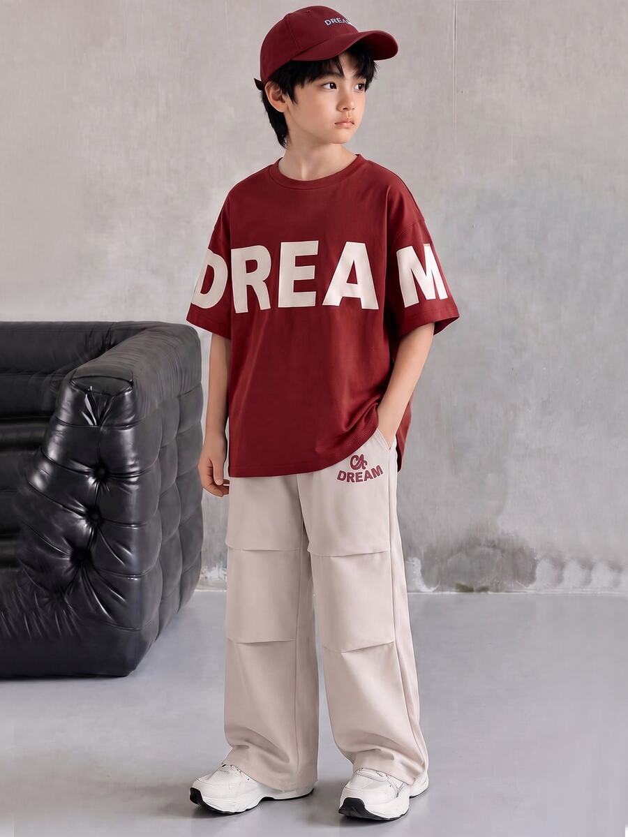 SHEIN 青少年男孩字母印花T恤與長褲2件套 - 彩色 - 查看 1