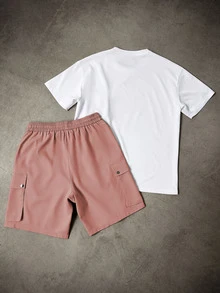 Manfinity Homme Men's Contrast Color Cargo Pocket Short Sleeve T-Shirt And Shorts Casual Streetwear Suit Day White And Pink Summer - Multicolor - View 2