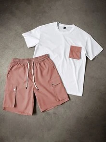 Manfinity Homme Men's Contrast Color Cargo Pocket Short Sleeve T-Shirt And Shorts Casual Streetwear Suit Day White And Pink Summer - Multicolor - View 6