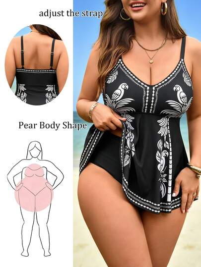 Swim Lushoire 2026 New Plus Size Women's Floral & Bird Print 2-Piece Set, V-Neck Dress Top With Double Shoulder Straps And High-Waist Triangle Bikini Bottom, Summer Beach Vacation Beachwear, Summer Holiday Outfit, Party Wear, Elegant Women's Beach Swimsuit, Women's Vacation Clothing
