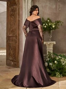 Aureia Plus Size Elegant Glamorous Heavy Beaded Patchwork Satin Pleated Off Shoulder Mermaid Long Dress Suitable For Wedding Events, Prom, Bachelorette Party, Formal Evening Gown - Brown - View 3