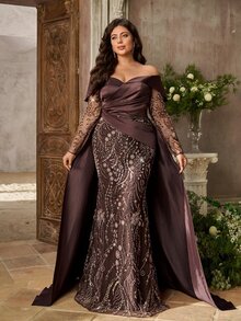 Aureia Plus Size Elegant Glamorous Heavy Beaded Patchwork Satin Pleated Off Shoulder Mermaid Long Dress Suitable For Wedding Events, Prom, Bachelorette Party, Formal Evening Gown - Brown - View 8
