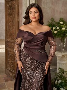 Aureia Plus Size Elegant Glamorous Heavy Beaded Patchwork Satin Pleated Off Shoulder Mermaid Long Dress Suitable For Wedding Events, Prom, Bachelorette Party, Formal Evening Gown - Brown - View 7