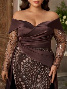 Aureia Plus Size Elegant Glamorous Heavy Beaded Patchwork Satin Pleated Off Shoulder Mermaid Long Dress Suitable For Wedding Events, Prom, Bachelorette Party, Formal Evening Gown - Brown - View 11