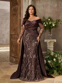 Aureia Plus Size Elegant Glamorous Heavy Beaded Patchwork Satin Pleated Off Shoulder Mermaid Long Dress Suitable For Wedding Events, Prom, Bachelorette Party, Formal Evening Gown - Brown - View 6