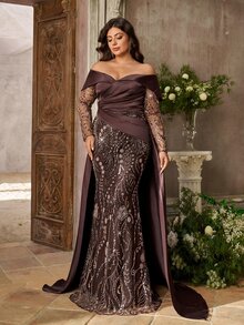 Aureia Plus Size Elegant Glamorous Heavy Beaded Patchwork Satin Pleated Off Shoulder Mermaid Long Dress Suitable For Wedding Events, Prom, Bachelorette Party, Formal Evening Gown - Brown - View 10