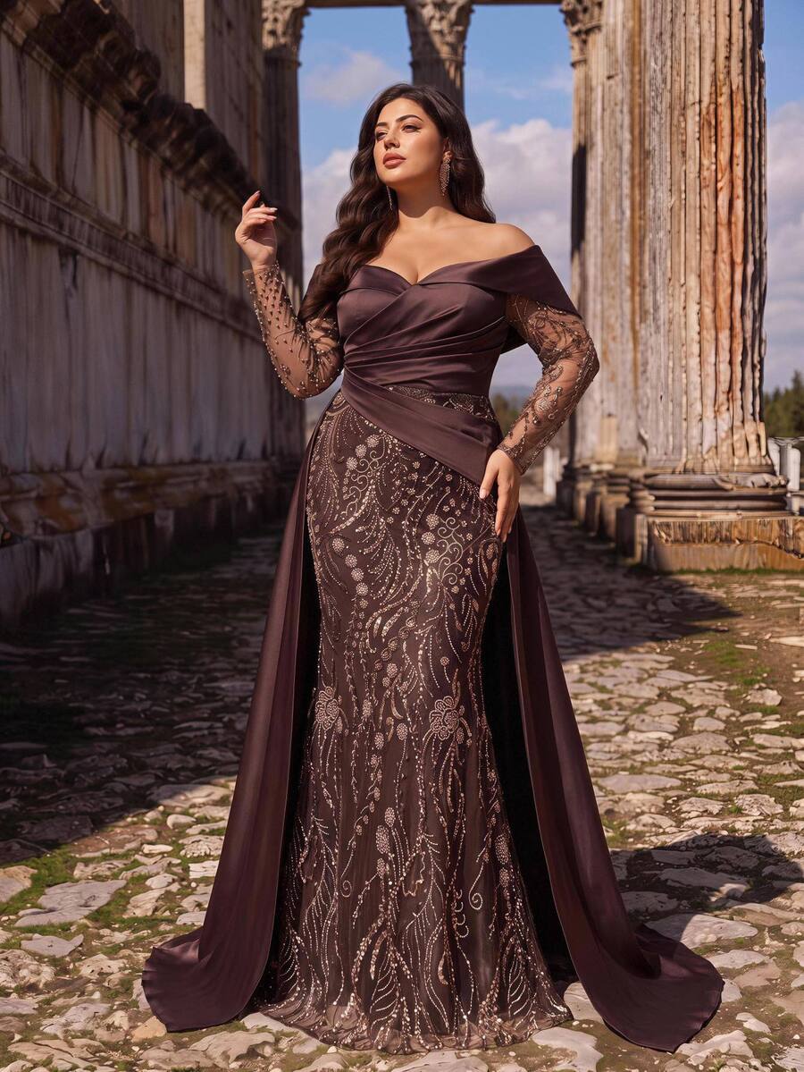 Aureia 大尺碼優雅華麗重工串珠拼接緞面百褶露肩魚尾長洋裝，適合婚禮活動、舞會、單身派對、正式晚禮服