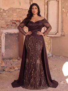Aureia Plus Size Elegant Glamorous Heavy Beaded Patchwork Satin Pleated Off Shoulder Mermaid Long Dress Suitable For Wedding Events, Prom, Bachelorette Party, Formal Evening Gown - Brown - View 9
