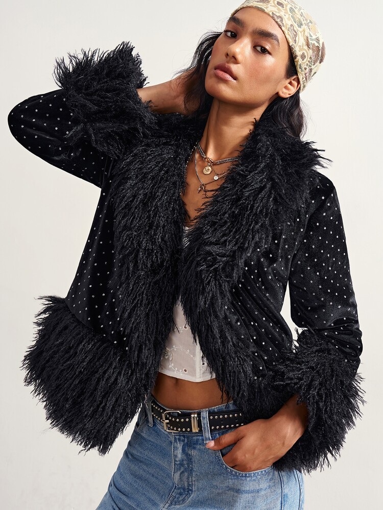 Bohemela Women's Black And White Polka Dot Polka Dot Fashion Versatile Autumn Plush Patchwork Cardigan Night Elegant Sexy Night Autumn /Winter - Black - View 6