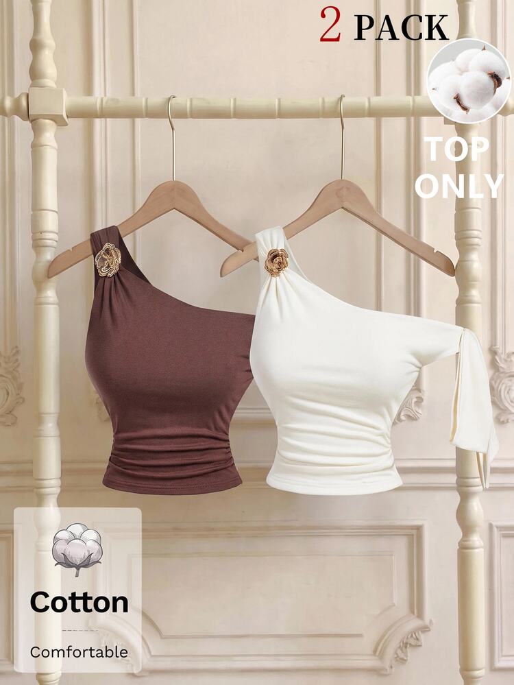 SHEIN MOD Women Cotton Plain One Shoulder Tie Sleeve Crop White And Brown Cute Elegant 2 Pack Tops For Going Out Party Birthday Homecoming Fall - Multicolor - View 1