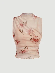 SHEIN MOD 女款花卉假領無袖抓皺網紗短版杏色可愛優雅上衣，適合外出、派對、度假、返校季、秋季 - 彩色 - 查看 7