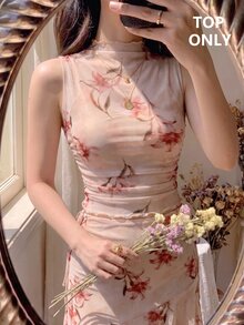 SHEIN MOD 女款花卉假領無袖抓皺網紗短版杏色可愛優雅上衣，適合外出、派對、度假、返校季、秋季 - 彩色 - 查看 9