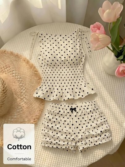 SHEIN MOD Women Cotton Polka Dot Tie Shoulder Sleeveless Short White Sweet Casual Two Piece Set Going Out Back To School Fall Autumn Summer Outfit