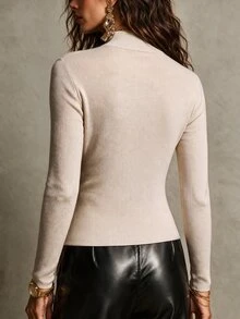 SHEIN Women's Semi-High Neck Asymmetric Knit Base Layer Top, Slim Fit Asymmetrical Hem Long Sleeve Elegant Innerwear - Apricot - View 2