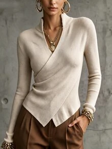 SHEIN Women's Semi-High Neck Asymmetric Knit Base Layer Top, Slim Fit Asymmetrical Hem Long Sleeve Elegant Innerwear - Apricot - View 7