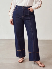 MOTF PREMIUM PLUS SIZE WOMEN'S HIGH WAIST SEAM FRONT WIDE LEG JEANS - Navy Blue - View 7