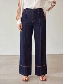 MOTF PREMIUM PLUS SIZE WOMEN'S HIGH WAIST SEAM FRONT WIDE LEG JEANS - Navy Blue - View 2