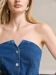 MOTF PREMIUM SET ATASAN DENIM TUBE KANCING DEPAN DAN ROK DENIM BERBENTUK EKOR IKAN UNTUK MUSIM PANAS WANITA - Biru - View 2