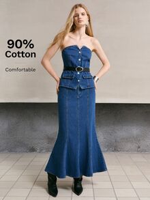 MOTF PREMIUM SET ATASAN DENIM TUBE KANCING DEPAN DAN ROK DENIM BERBENTUK EKOR IKAN UNTUK MUSIM PANAS WANITA - Biru - View 1