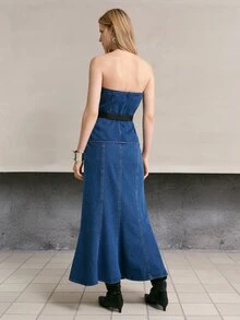 MOTF PREMIUM SET ATASAN DENIM TUBE KANCING DEPAN DAN ROK DENIM BERBENTUK EKOR IKAN UNTUK MUSIM PANAS WANITA - Biru - View 3