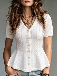 SHEIN Women's Summer And Spring V-Neck Knitted Twisted Style Fitted At The Waist And Wide At The Hem Fashionable And Elegant Cardigan For Ladies, Women's Knitted Top, White Knitted Cardigan, Elegant And Fashionable Cardigan, Elegant Woolen Sweater, Suitable For Daily Wear And Casual Outfits. - White - View 6