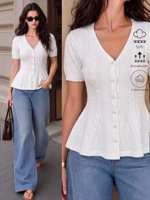 SHEIN Women's Summer And Spring V-Neck Knitted Twisted Style Fitted At The Waist And Wide At The Hem Fashionable And Elegant Cardigan For Ladies, Women's Knitted Top, White Knitted Cardigan, Elegant And Fashionable Cardigan, Elegant Woolen Sweater, Suitable For Daily Wear And Casual Outfits. - White - View 3