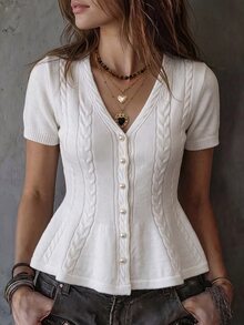 SHEIN Women's Summer And Spring V-Neck Knitted Twisted Style Fitted At The Waist And Wide At The Hem Fashionable And Elegant Cardigan For Ladies, Women's Knitted Top, White Knitted Cardigan, Elegant And Fashionable Cardigan, Elegant Woolen Sweater, Suitable For Daily Wear And Casual Outfits. - White - View 4