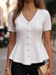 SHEIN Women's Summer And Spring V-Neck Knitted Twisted Style Fitted At The Waist And Wide At The Hem Fashionable And Elegant Cardigan For Ladies, Women's Knitted Top, White Knitted Cardigan, Elegant And Fashionable Cardigan, Elegant Woolen Sweater, Suitable For Daily Wear And Casual Outfits. - White - View 5