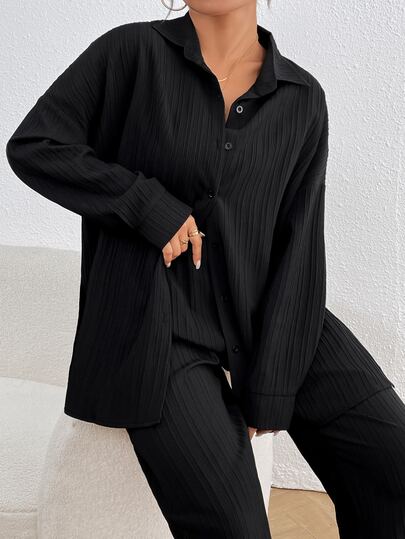 Edennvi Plus Size Women Solid Color Shirt And Pants 2 Pieces Set Fall