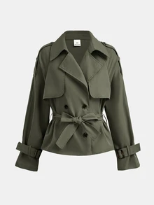 SHEIN Girlism 青少年女孩秋季寬鬆休閒極簡舒適收腰優雅短版時尚冬季外套，適合日常優雅通勤穿搭 - 軍綠色 - 查看 1