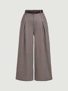 SHEIN MOD Plus Size Autumn/Winter Houndstooth Pleated Wide Leg Pants, Casual Collegiate Style, Daily Commute Outfit, Old Money Aesthetic, Modern Chic - Brown - View 3