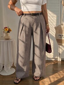 SHEIN MOD Plus Size Autumn/Winter Houndstooth Pleated Wide Leg Pants, Casual Collegiate Style, Daily Commute Outfit, Old Money Aesthetic, Modern Chic - Brown - View 7
