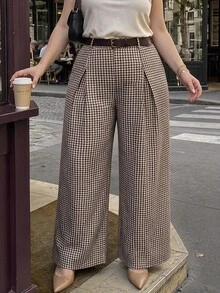 SHEIN MOD Plus Size Autumn/Winter Houndstooth Pleated Wide Leg Pants, Casual Collegiate Style, Daily Commute Outfit, Old Money Aesthetic, Modern Chic - Brown - View 1