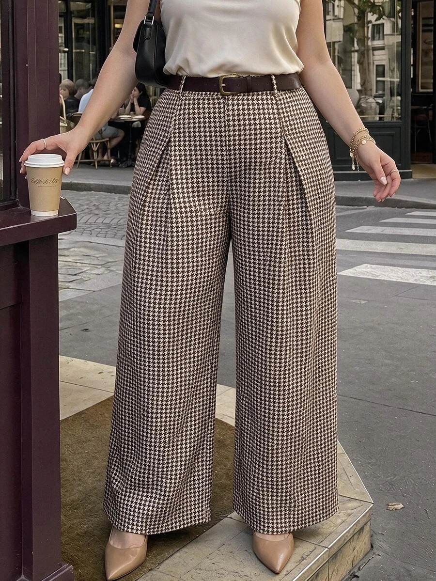 SHEIN MOD Plus Size Autumn/Winter Houndstooth Pleated Wide Leg Pants, Casual Collegiate Style, Daily Commute Outfit, Old Money Aesthetic, Modern Chic - Brown - View 1
