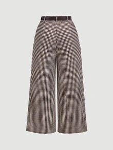 SHEIN MOD Plus Size Autumn/Winter Houndstooth Pleated Wide Leg Pants, Casual Collegiate Style, Daily Commute Outfit, Old Money Aesthetic, Modern Chic - Brown - View 2