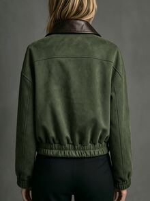 SHEIN Jaket Lengan Panjang Longgar Bahan Suede dan Fleece untuk Wanita, Cocok untuk Aktivitas Santai Musim Gugur/Dingin, Berpergian, dan Beraktivitas di Luar Rumah - Hijau Tentara - View 2