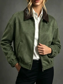 SHEIN Jaket Lengan Panjang Longgar Bahan Suede dan Fleece untuk Wanita, Cocok untuk Aktivitas Santai Musim Gugur/Dingin, Berpergian, dan Beraktivitas di Luar Rumah - Hijau Tentara - View 3