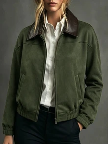 SHEIN Jaket Lengan Panjang Longgar Bahan Suede dan Fleece untuk Wanita, Cocok untuk Aktivitas Santai Musim Gugur/Dingin, Berpergian, dan Beraktivitas di Luar Rumah - Hijau Tentara - View 1