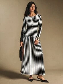 Poéselle 女款開學季早午餐彈性針織條紋拼接百褶長洋裝，休閒海岸風法式經典日常校園通勤辦公秋季穿搭 - 黑與白 - 查看 7