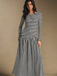 Poéselle 女款開學季早午餐彈性針織條紋拼接百褶長洋裝，休閒海岸風法式經典日常校園通勤辦公秋季穿搭 - 黑與白 - 查看 8