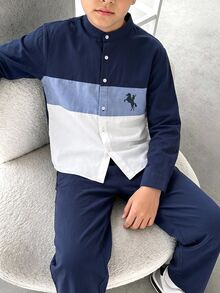 SHEIN 2件組兒童青少年男孩秋冬可愛都市學院紳士風藍白拼接立領襯衫＋白色休閒長褲套裝，適合通勤、上學、日常休閒、外出、運動，秋冬穿著 - 寶藍色 - 查看 2