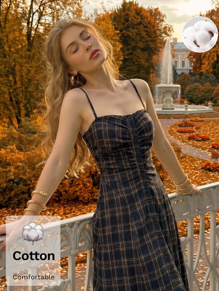 SHEIN MOD 女款棉質格紋抓皺細肩帶無袖長洋裝，深藍色，可愛優雅，適合派對、外出、度假、返校季、秋季 - 藏蓝色 - 查看 5