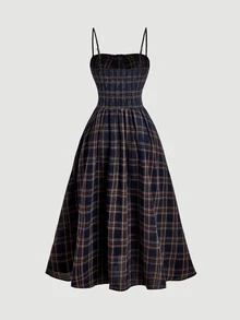 SHEIN MOD Women Cotton Plaid Ruched Spaghetti Strap Sleeveless Long Navy Cute Elegant Dress For Party Going Out Vacation Homecoming Fall - Navy Blue - View 2