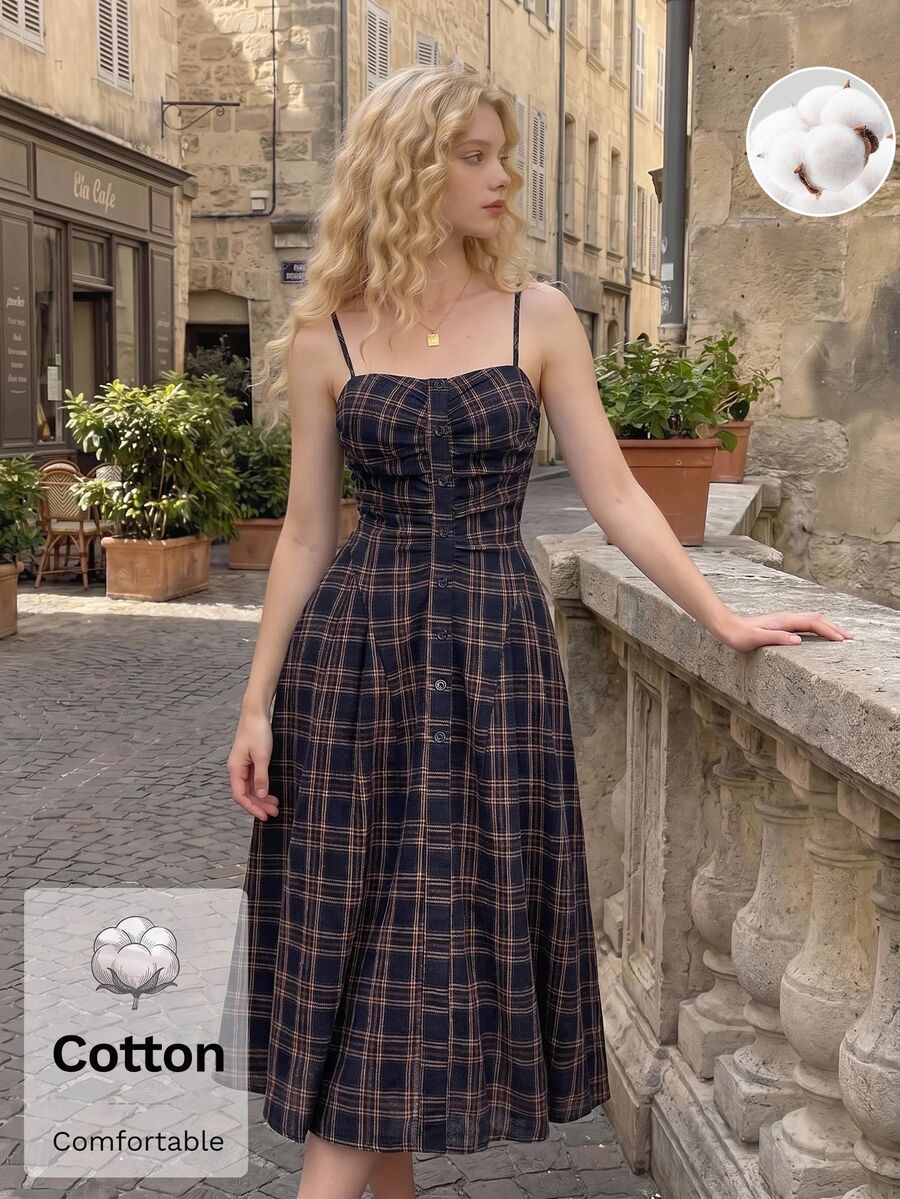 SHEIN MOD Women Cotton Plaid Ruched Spaghetti Strap Sleeveless Long Navy Cute Elegant Dress For Party Going Out Vacation Homecoming Fall - Navy Blue - View 1