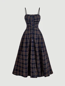 SHEIN MOD Women Cotton Plaid Ruched Spaghetti Strap Sleeveless Long Navy Cute Elegant Dress For Party Going Out Vacation Homecoming Fall - Navy Blue - View 7